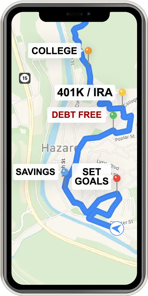 GPS with "Set goals," "Savings," "Debt free," "401k/IRA," and "College."